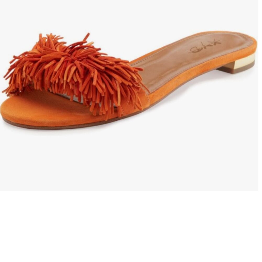 XYD Orange Fringe Slide Sandals Slip On Comfortable Slippers Solid Women Loafer